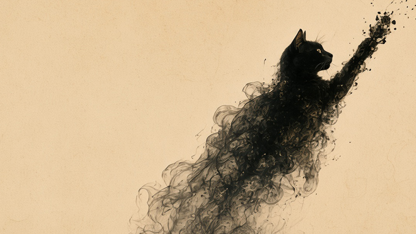 A black cat drawn in smoke, one paw raised, against a field of burning orange.